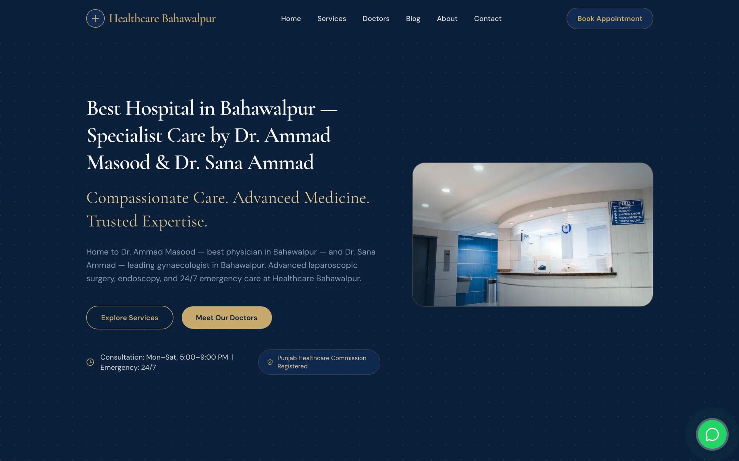Healthcare Bahawalpur specialist portal — consultant surgeon profiles with appointment booking